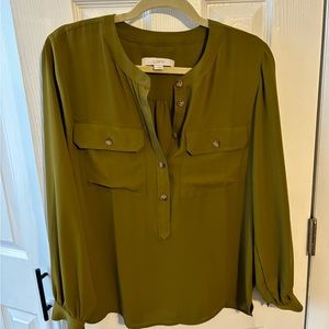LOFT Henley Utility Blouse in Olive/mustard green